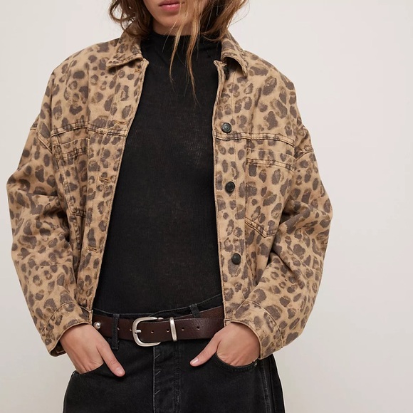FREE PEOPLE We The Free Opal Swing Printed Denim Jacket - Leopard X-SMALL - Picture 1 of 13